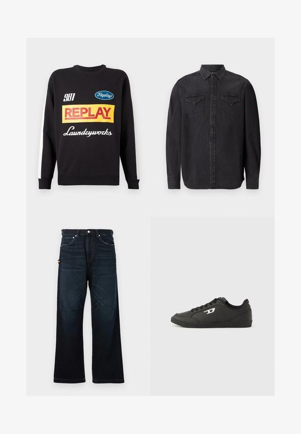 Sweat-shirt noir à col rond avec des rayures blanches sur les manches, présentant des logos de texte multicolores "Replay" et "Laundryworks" sur le devant.; Chemise en denim noir à manches longues, avec un col classique, des fermetures à boutons-pression, deux poches poitrine et un détail logo rouge subtil.; Jeans droit bleu foncé avec un design classique à cinq poches, passants de ceinture et légers détails décolorés à l'avant et aux genoux.; Baskets synthétiques noires avec une semelle noire texturée, un bout rond et des lacets plats noirs. Logo blanc remarquablement placé sur le côté extérieur.