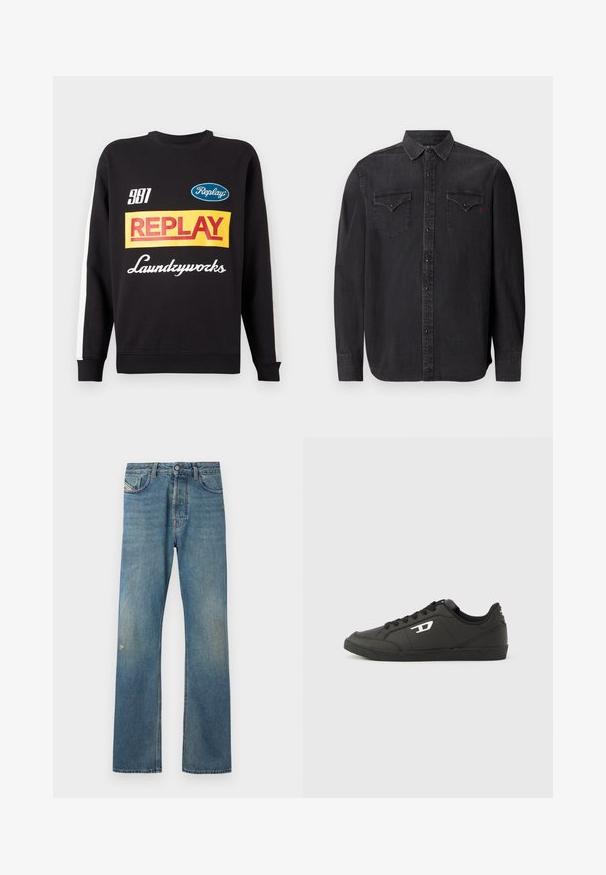 Zwarte crewneck sweatshirt met witte strepen op de mouwen, voorzien van kleurrijke "Replay" en "Laundryworks" tekstlogo's aan de voorkant.; Zwart denim overhemd met lange mouwen, een klassieke kraag, drukknoopsluitingen, twee borstzakken en een subtiel rood logo-detail.; Blauwe denim jeans met een rechte pasvorm, voorzien van een lichte vervaging, voorkeurszakken en een knoopsluiting in de taille.; Zwarte sneakers van synthetisch materiaal met een geribbelde zwarte zool, ronde neus en vlakke zwarte veters. Opvallend wit logomerk aan de buitenzijde.