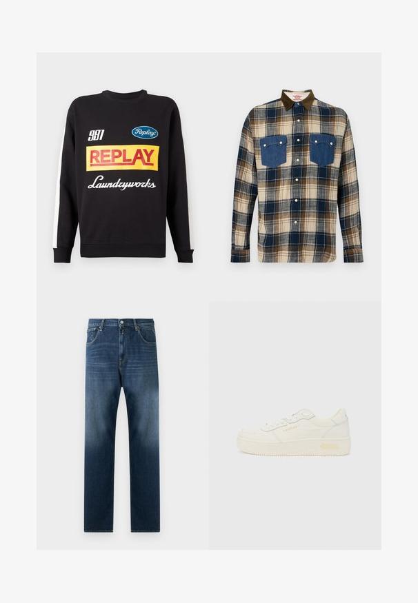 Sweat-shirt noir à col rond avec des rayures blanches sur les manches, présentant des logos de texte multicolores "Replay" et "Laundryworks" sur le devant.; Chemise à manches longues à carreaux bleu marine, marron et crème, avec un col marron et deux poches poitrine bleues boutonnées.; Jeans en denim bleu foncé avec un design à jambe droite. Les caractéristiques incluent des poches avant, une fermeture éclair et un léger délavage vers l'ourlet.; Baskets basses blanches avec lacets à l’avant, semelle épaisse et marquage subtil "REPLAY" sur le côté et le talon, vues de profil.