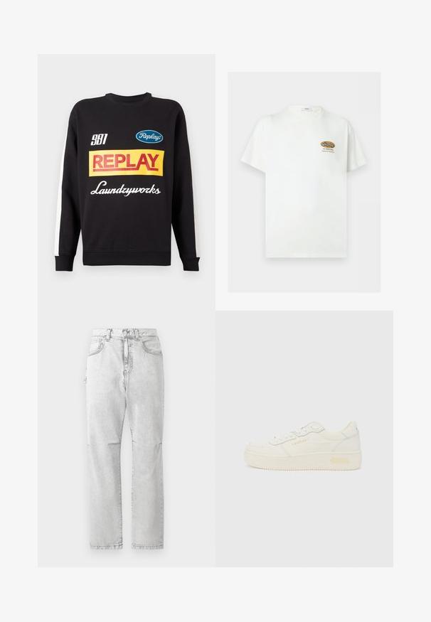 Musternud mustri sweat-pullover must sisaldab valgeid triibusid varrukatel, ees on mitmevärviline "Replay" ja "Laundryworks" tekstilogo.; Valge lühikeste varrukatega T-särk väikepruuni ja musta „Replay The Denim Goods Superior Standard“ logoga vasakul rinnal.; Heledalt hallid sirge säärega teksad esitaskute, nööpkinnituse ja peente pleekimistega, valgel taustal eksponeeritud.; Madala piirlahusega valge tenisaking, ees paelaga kinnitatav, paks tald ja peene "REPLAY" brändinguga külgedel ja kontsal, näidatud profiilvaates.