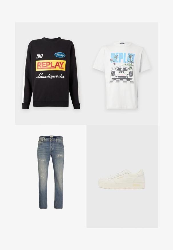 Musternud mustri sweat-pullover must sisaldab valgeid triibusid varrukatel, ees on mitmevärviline "Replay" ja "Laundryworks" tekstilogo.; Valge puuvillane T-särk, millel on värvikas joonistus võidusõiduautost, palmidest ja ruudulippudest ning kus on selgelt nähtav sõna "REPLAY".; Heledad sinine teksapüksid, sirge jala disainiga, esiküljel kulumise detailidega ning klassikaline viie taskuga stiil, millel on lukk.; Madala piirlahusega valge tenisaking, ees paelaga kinnitatav, paks tald ja peene "REPLAY" brändinguga külgedel ja kontsal, näidatud profiilvaates.