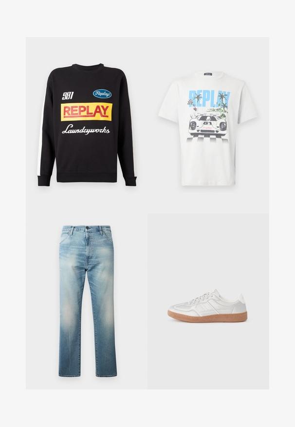 Schwarzer Rundhalspullover mit weißen Streifen an den Ärmeln, auf der Vorderseite mit mehrfarbigen "Replay"- und "Laundryworks"-Textlogos versehen.; Weißes Baumwoll-T-Shirt mit einem bunten Motiv eines Rennwagens, Palmen und Schachbrett-Flaggen, mit dem Schriftzug "REPLAY" gut sichtbar.; Replay WAINE PANTS - Jeans Relaxed Fit - light blue; Silberne Sneakers mit glatter Textur, Schnürdesign, durchbrochenen Akzenten und einer strukturierten braunen Gummisohle.