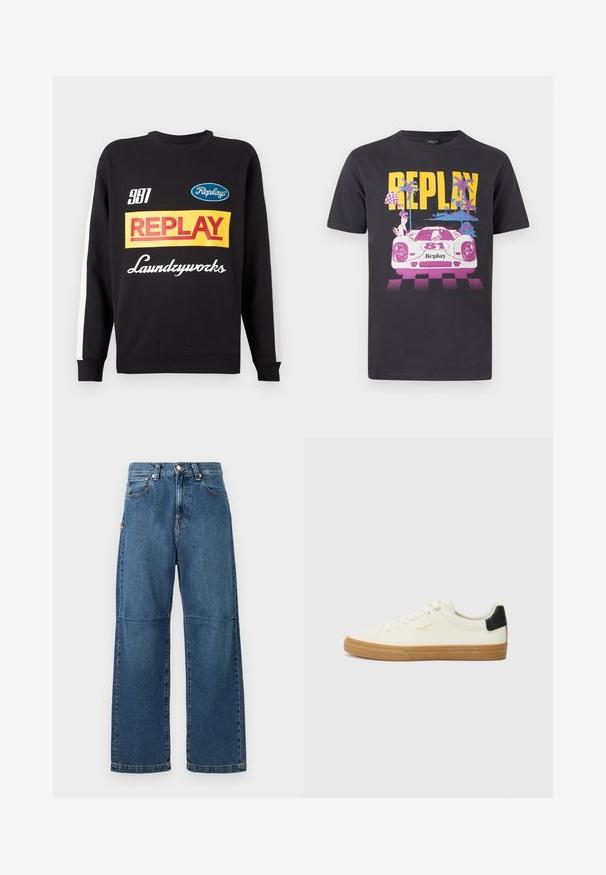 Musternud mustri sweat-pullover must sisaldab valgeid triibusid varrukatel, ees on mitmevärviline "Replay" ja "Laundryworks" tekstilogo.; Must t-särk kollase kirjaga "REPLAY" üleval roosa ja valge võidusõiduauto numbriga 81, palmipuud ja ruuduline lipu muster.; Sinised teksapüksid, millel on mugav lõige, sirged sääred, nähtavad õmblused ja ees nupuga sulgemine. Omab küljetaskut, millel on aktsent.; Valge kanva sneaker, millel on kummi tald, musta kanna aktsent, ümmargune nina ja nööriga disain. Külgedel on brändi logo kuldsetes varjundites.