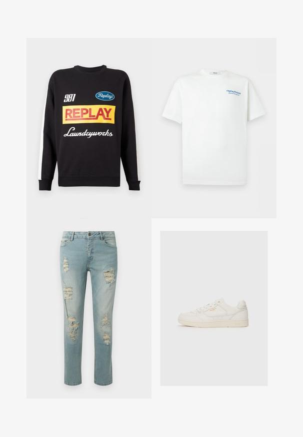 Sort crewneck sweatshirt med hvide striber på ærmerne, med flerfarvede "Replay" og "Laundryworks" tekstlogoer på fronten.; Hvid T-shirt med korte ærmer med lille blå tekst "replayhouse japanese dining room" på den øverste venstre bryst.; Lyseblå slidte jeans med rifter og frynser. Klassisk fem-lomme design og lige ben.; Hvide lædersneakers med en glat overflade, der har perforerede detaljer, snørebånd fortil og et diskret logo i guld nær siden.