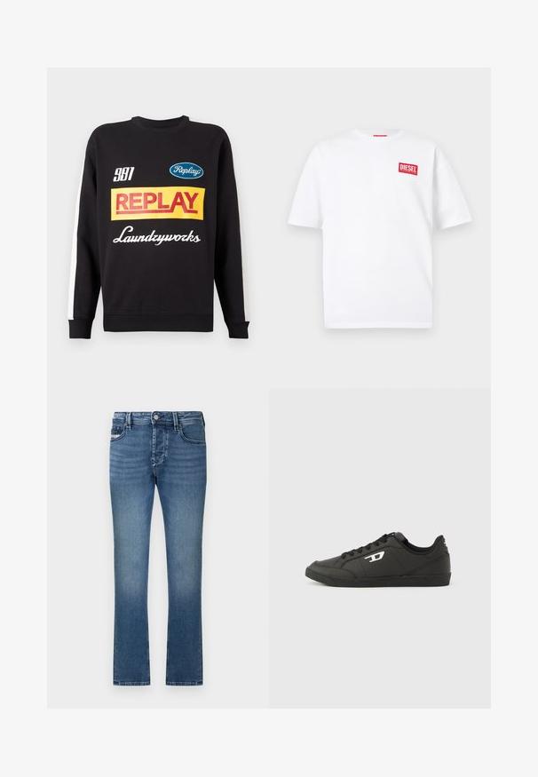 Musternud mustri sweat-pullover must sisaldab valgeid triibusid varrukatel, ees on mitmevärviline "Replay" ja "Laundryworks" tekstilogo.; Valge puuvillane T-särk lühikeste varrukatega, millel on ülemises vasakus rinnapiirkonnas punane ristkülikukujuline DIESEL-logo. Lihtne ümar kaelusega disain.; Sinised teksapüksid sirge säärega, viie taskuga ja kulunud viimistlusega. Omavad vööümbrist ja metallist nööbi sulgemist.; Mustad sünteetilisest materjalist tennised, millel on tekstuuriga must tald, ümar nina ja madalad mustad nöörid. Välisküljel on silmatorkav valge logo.