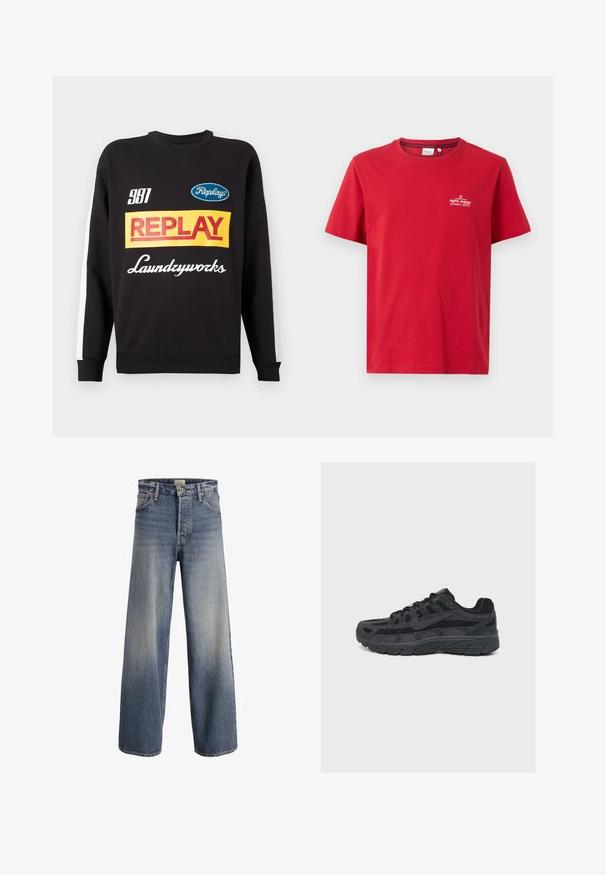 Čierna mikina s okrúhlym výstrihom a bielymi pruhmi na rukávoch, so viacfarebnými nápismi "Replay" a "Laundryworks" na prednej strane.; Pepe Jeans THIAGO TEE - Tričko s potlačou - rugby red; Svetlomodré široké džínsy vyrobené z denimu. Obsahujú vysoký pás, zapínanie na gombík a jemné vyblednutie s hladkou textúrou a prešitými švami.; Čierna bežecká topánka Nike s vrstveným sieťovinovým a semišovým zvrškom, detailnou podrážkou a viditeľným logom Nike na boku.