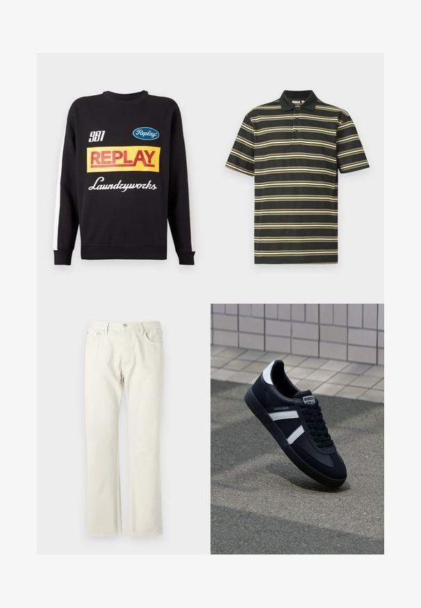 Schwarzer Rundhalspullover mit weißen Streifen an den Ärmeln, auf der Vorderseite mit mehrfarbigen "Replay"- und "Laundryworks"-Textlogos versehen.; Schwarzes Polohemd mit horizontalen gelben und weißen Streifen, ausgestattet mit einer Knopfleiste mit drei Knöpfen und kurzärmlig. Weicher Stoff, lässiges Design.; Hellbeige gerade geschnittene Jeans aus Baumwoll-Denim. Mit Taschen, klassischem Knopfverschluss und einer subtilen Textur ohne Muster.; Schwarze Leder-Sneaker mit weißen Streifen, strukturiertem Gummisohle und Schnürung. Verfügt über ein Markenetikett auf der Zunge.