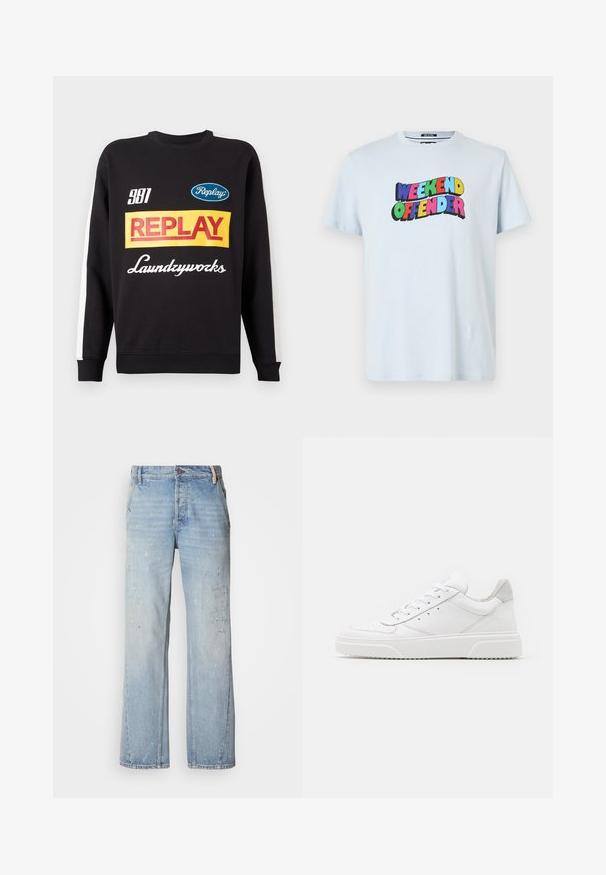 Musternud mustri sweat-pullover must sisaldab valgeid triibusid varrukatel, ees on mitmevärviline "Replay" ja "Laundryworks" tekstilogo.; Hele sinine puuvillane t-särk, millel on rinnal julge ja lõbus multivärviline "WEEKEND OFFENDER" graafika.; Helehallid teksapüksid laia säärega, millel on kulunud alad ja värvipritsid. Sisaldab klassikalist nööpkinnitust ja vööaasasid.; Valged nahast spordijalatsid siledast nahast viimistlusega, ümarate varvastega, lamekestega ja tekstuuriga tallaga. Hall suede aktsent kanna juures.