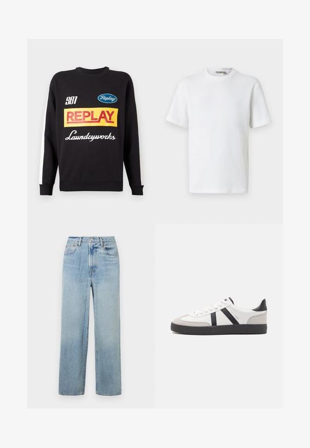 Sweat-shirt noir à col rond avec des rayures blanches sur les manches, présentant des logos de texte multicolores "Replay" et "Laundryworks" sur le devant.; T-shirt blanc à manches courtes en maille gaufrée avec col rond, petite étiquette de marque à l'intérieur du col, présenté sur un fond uni.; Jeans en denim bleu clair, à jambe droite et taille haute, avec cinq poches et une légère décoloration. Ourlet brut et détails de surpiqûres contrastantes.; Baskets blanches avec des accents noirs et gris, présentant un embout texturé gris, une semelle en caoutchouc noir et des lacets plats blancs. Design épuré, style minimaliste.