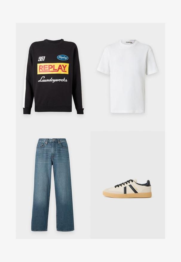Zwarte crewneck sweatshirt met witte strepen op de mouwen, voorzien van kleurrijke "Replay" en "Laundryworks" tekstlogo's aan de voorkant.; Wit T-shirt met korte mouwen, wafelstructuur en ronde hals, met een klein merkembleem aan de binnenkant van de kraag, afgebeeld op een effen achtergrond.; Wijde donkerblauwe denim jeans met een knoopsluiting, riemlussen en een vervaagd textuur. Beschikt over vijf zakken en contrasterende stiksels.; Casual sneakers in crème met zwarte strepen, voorzien van een gestructureerde bovenkant en een gumrubberen zool. Veters zijn zwart. Subtiel logo aan de zijkant.