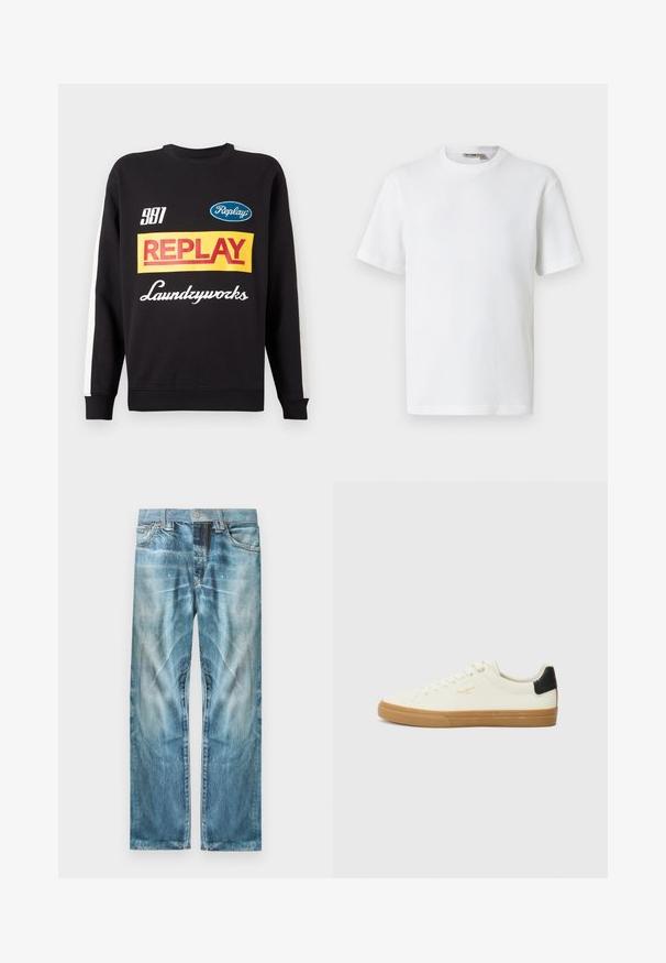 Musternud mustri sweat-pullover must sisaldab valgeid triibusid varrukatel, ees on mitmevärviline "Replay" ja "Laundryworks" tekstilogo.; Valge lühikeste varrukatega vahvlilõngast ümarakaelusega t-särk, mille krae siseküljel on väike brändi sildike, esitatud ühevärvsel taustal.; Hele sinised tuhmunud teksased sirge säärega, ees taskud, vööaasad ja nööp-kinnitus.; Valge kanva sneaker, millel on kummi tald, musta kanna aktsent, ümmargune nina ja nööriga disain. Külgedel on brändi logo kuldsetes varjundites.