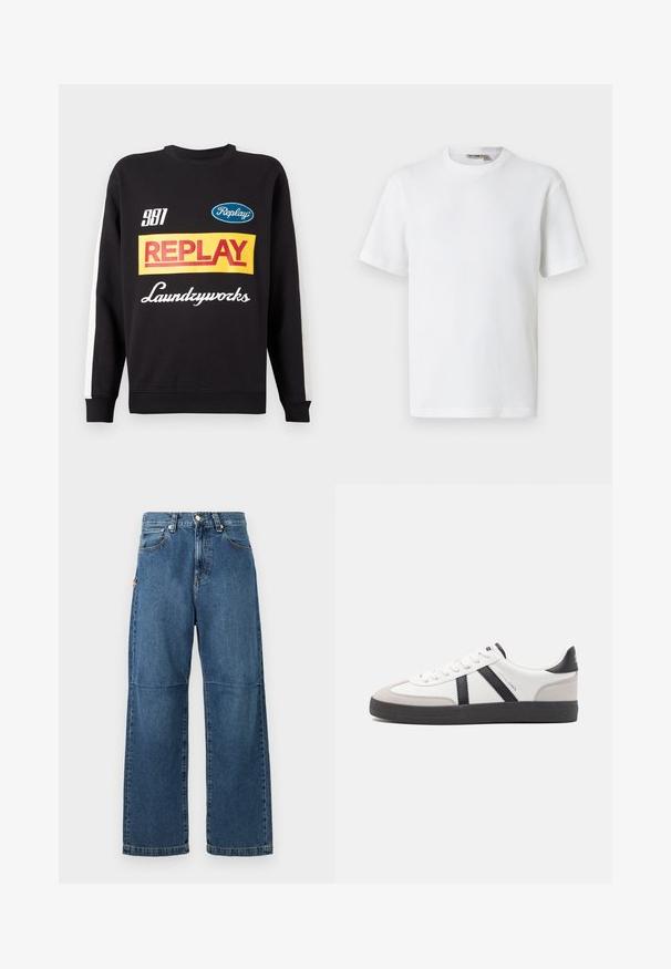Musternud mustri sweat-pullover must sisaldab valgeid triibusid varrukatel, ees on mitmevärviline "Replay" ja "Laundryworks" tekstilogo.; Valge lühikeste varrukatega vahvlilõngast ümarakaelusega t-särk, mille krae siseküljel on väike brändi sildike, esitatud ühevärvsel taustal.; Sinised teksapüksid, millel on mugav lõige, sirged sääred, nähtavad õmblused ja ees nupuga sulgemine. Omab küljetaskut, millel on aktsent.; Valged tossud mustade ja hallide aktsentidega, tekstureeritud halli varbakattega, musta kummitald ja lamedad valged paelad. Puhtad jooned, minimalistlik stiil.
