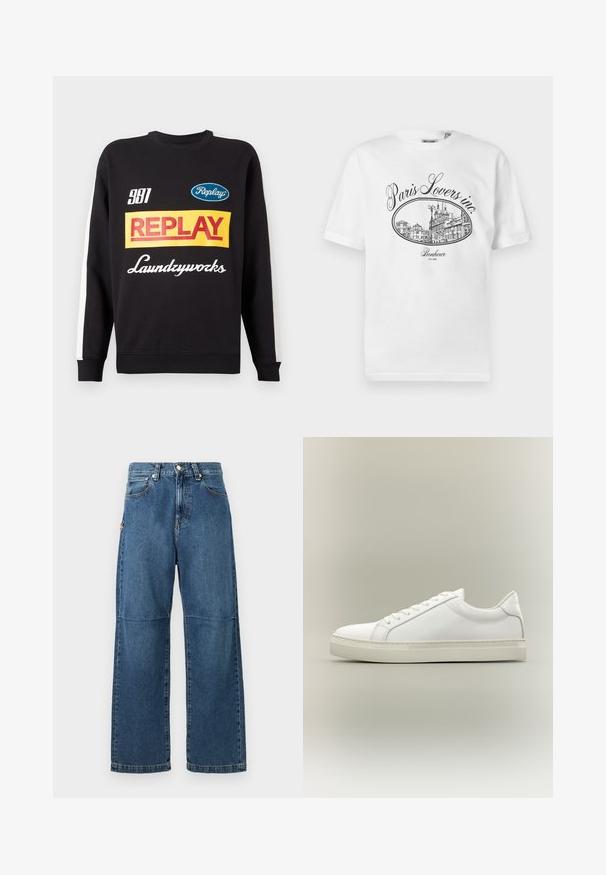 Sort crewneck sweatshirt med hvide striber på ærmerne, med flerfarvede "Replay" og "Laundryworks" tekstlogoer på fronten.; Hvid bomulds-T-shirt med et sort illustrativt tryk af en pariserbybillede med teksten "Paris Lovers inc." og "Bonheur EST.1992."; Blå denim jeans med afslappet pasform, lige ben, synlige sømme og lukkes med en knap foran. Har en sidelomme med accent.; Hvid lavtop sneaker med snørebånd foran og tyk sål, vist fra siden mod en neutral baggrund.