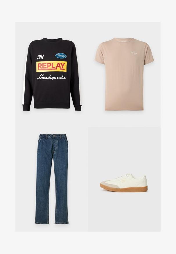 Sort crewneck sweatshirt med hvide striber på ærmerne, med flerfarvede "Replay" og "Laundryworks" tekstlogoer på fronten.; Beige kortærmet T-shirt med rund hals og lille hvid "Pepe Jeans"-logo på øverste venstre bryst.; Blå denim jeans med lige ben, fem-lomme design og knappelukning. Stoffet har en subtil tekstur med falmede accenter.; Sneaker lavet af hvid læder med en beige tåhætte og let brunt gummisål. Har flade hvide snørebånd og prægede branding på siden.