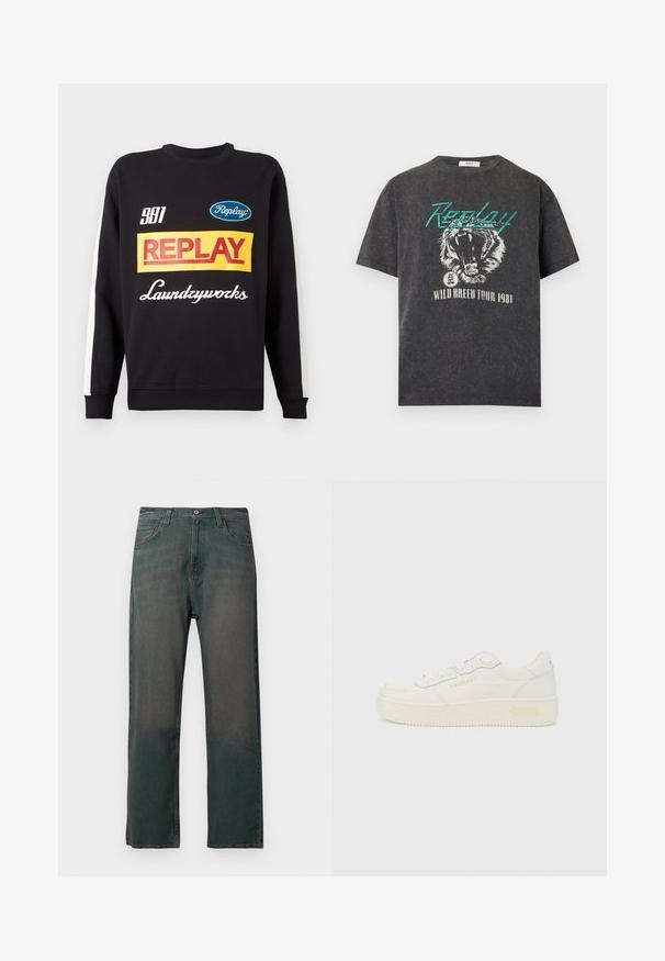 Sweat-shirt noir à col rond avec des rayures blanches sur les manches, présentant des logos de texte multicolores "Replay" et "Laundryworks" sur le devant.; T-shirt noir délavé avec texte "Replay" en sarcelle, motif tigre rugissant et texte blanc "Wild Breed Tour 1981" en dessous.; Jean en denim vert foncé avec une coupe droite, doté d'un design classique à cinq poches et de coutures contrastantes le long des coutures.; Baskets basses blanches avec lacets à l’avant, semelle épaisse et marquage subtil "REPLAY" sur le côté et le talon, vues de profil.
