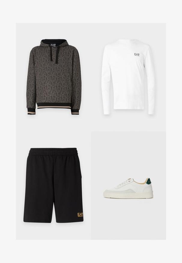 Dunkelgrauer Hoodie mit einem sich wiederholenden geometrischen Muster, aus einem strukturierten Stoff gefertigt. Kapuze mit schwarzen Kordeln und gestreiften Bündchen am Saum.; Weißes Langarm-T-Shirt aus Baumwolle mit kleinem schwarzem EA7-Logo auf der linken Brust. Einfaches Design mit Rundhalsausschnitt.; Schwarze Sportshorts aus weichem Material, mit einem elastischen Bund und einem kleinen gelben EA7-Logo am unteren linken Bein.; Weiße Sneaker mit Wildlederelementen, runder Zehenpartie, flachen Schnürsenkeln und einer cremefarbenen Gummisohle. Mit grünen Markenlogo am Fersenbereich.