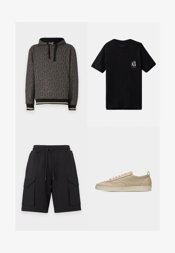 Dunkelgrauer Hoodie mit einem sich wiederholenden geometrischen Muster, aus einem strukturierten Stoff gefertigt. Kapuze mit schwarzen Kordeln und gestreiften Bündchen am Saum.; Schwarzes T-Shirt mit kurzen Ärmeln aus Baumwolle, ausgestattet mit einem kleinen weißen Logo auf der linken Brust. Einfaches Rundhalsausschnitt-Design, glatte Textur.; Schwarze Cargo-Shorts aus weichem Stoff mit elastischem Bund und Kordelzug. Verfügen über zwei große Seitentaschen und abgesteppten Säumen.; Beiger Sneaker mit niedriger Schafthöhe, Obermaterial aus Stoff und Wildleder, weißen Schnürsenkeln, Gummisohle und Fersenlasche, seitlich auf weißem Hintergrund dargestellt.