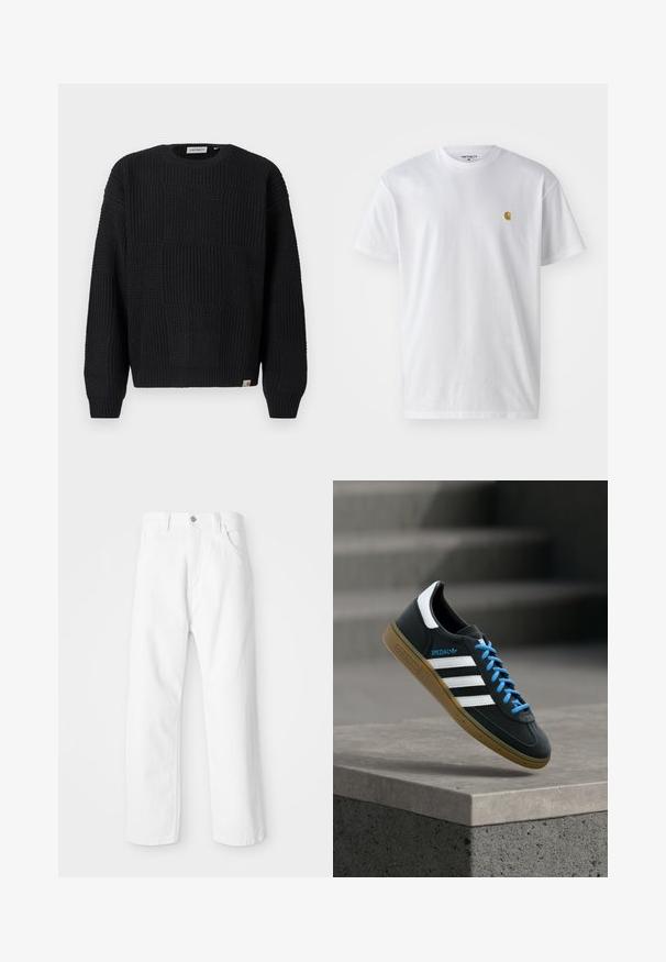 Pull en maille noire avec un design texturé en patchwork. Il présente un col rond, des manches longues et un petit logo de la marque sur l'ourlet.; T-shirt en coton blanc à manches courtes, col rond, avec un petit logo doré sur la poitrine gauche. Texture douce et coupe régulière.; Pantalon en denim blanc avec une coupe droite, présentant une fermeture à bouton et glissière à l'avant, cinq poches et une finition lisse et texturée.; Baskets Adidas noires avec des rayures blanches, des lacets bleus et une semelle en gomme flottant au-dessus d'une marche en béton grise sous une lumière douce.