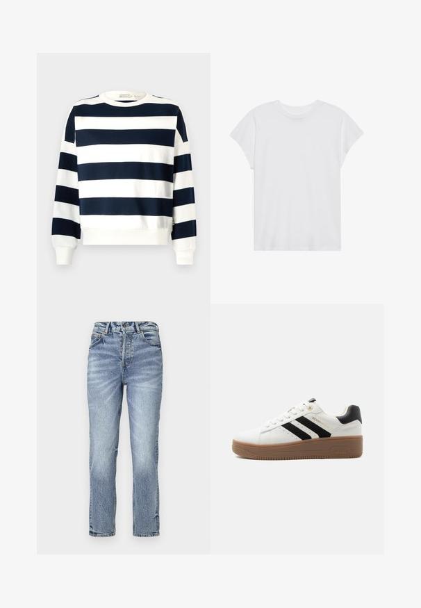 Sweatshirt rayé bleu marine et blanc avec un col rond, des manches longues et des poignets côtelés. Tissu doux avec une coupe décontractée.; T-shirt blanc à manches courtes, col rond, coupe décontractée, en tissu de coton doux. Texture lisse, sans motifs ni logos.; Jean en denim bleu clair avec une coupe droite, taille haute, texture délavée et cinq poches. Dispose d'un bouton en métal et d'une fermeture éclair.; Baskets blanches basses avec des rayures noires, une semelle en caoutchouc marron, un laçage à l'avant et un col de talon rembourré noir.