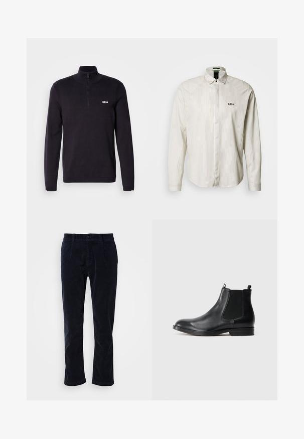 Marineblå quarter-zip sweater fremstillet af blødt stof, med ribbet krave og manchetter, samt et lille hvidt "BOSS" logo på brystet.; Langærmet skjorte med striber i lys beige og hvid, med spredt krave, knaplukning og broderet "BOSS"-logo på brystet.; Mørkeblå kordfløjl bukser med glat front, to forlommer og en enkelt knaplukning. Blød tekstur, let taperede ben.; Sorte læder Chelsea støvler med elastiske sidepaneler, rund tå, trækstrop og en lav blokhæl. Glat tekstur og minimalistisk design.