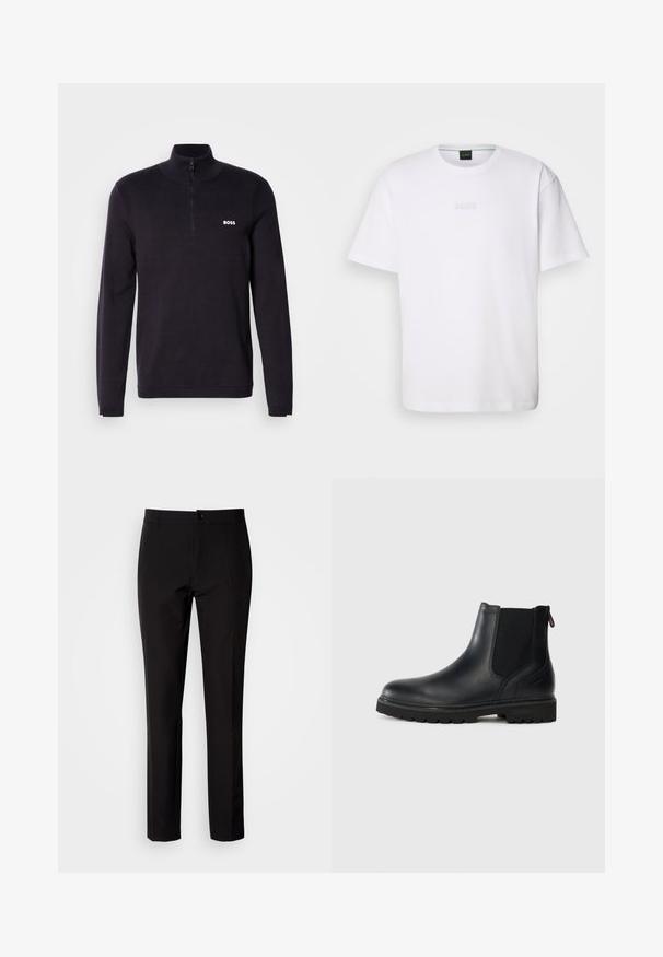 Marineblå quarter-zip sweater fremstillet af blødt stof, med ribbet krave og manchetter, samt et lille hvidt "BOSS" logo på brystet.; Hvid bomulds T-shirt med korte ærmer, rund halsudskæring og præget "BOSS" logo på brystet. Glat tekstur, standard pasform.; Sorte bukser lavet af glat stof, med lige ben, lukkes med knapper foran og har diskrete sidelommer. Enkelt og skræddersyet udseende.; Sorte læder ankelstøvler med elastiske sidepaneler, rund tå og en robust gummisål med dybe riller for bedre greb.