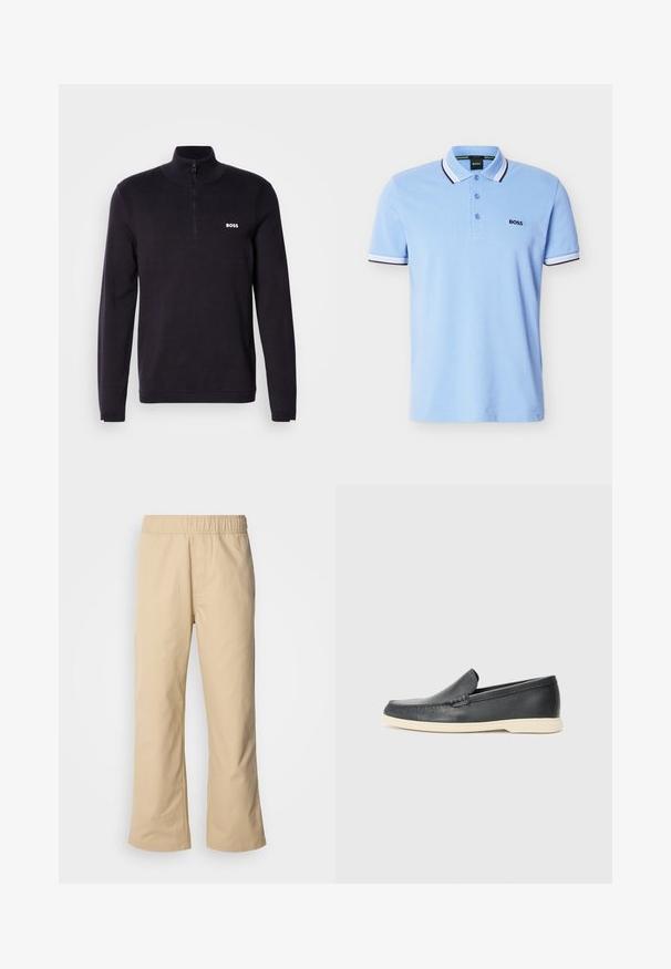 Marineblå quarter-zip sweater fremstillet af blødt stof, med ribbet krave og manchetter, samt et lille hvidt "BOSS" logo på brystet.; Lyseblå kortærmet poloshirt med hvid og sortstribet krave og ærmekanter, knapstolpe og "BOSS"-logo på brystet.; Beige vidde bukser med elastisk talje, lavet af glat bomuldsstof, med sidelommer og en lige silhuet.; Sort læder slip-on loafer med beige sål, placeret i luften nær et metaltrådstativ til magasiner på en terrazzo-gulv.
