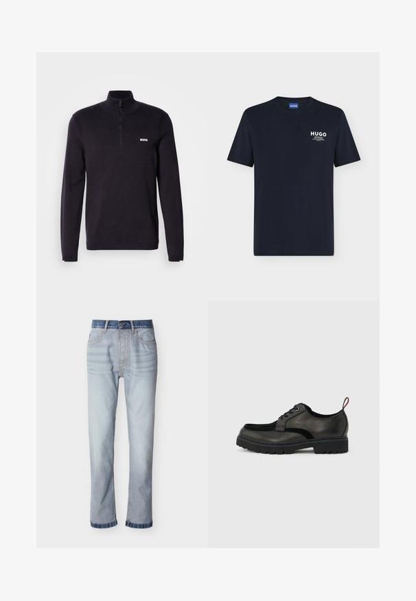 Marineblauer Quarter-Zip-Pullover aus weichem Stoff, mit einem gerippten Kragen und Bündchen, sowie einem kleinen weißen "BOSS"-Logo auf der Brust.; Schwarzes T-Shirt mit kurzen Ärmeln, kleinem weißen "HUGO"-Logo und Text auf der linken Brust, dargestellt auf einfachem hellem Hintergrund.; Hellblaue Jeans aus Denim mit einem dunkelblauen Bund, geradem Beinverlauf, fünf Taschen und sichtbaren Nahtdetails.; Schwarzer Leder-Schnürschuh mit dicker, profillierter Sohle und rotem Fersenzuglasche, seitlich auf einem hellgrauen Hintergrund dargestellt.