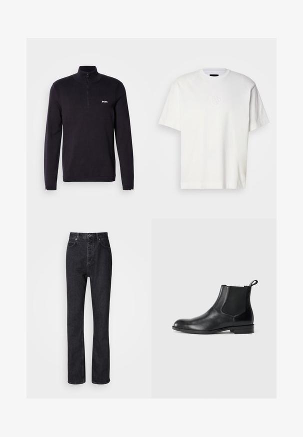 Marineblå quarter-zip sweater fremstillet af blødt stof, med ribbet krave og manchetter, samt et lille hvidt "BOSS" logo på brystet.; Hvid bomulds T-shirt med rund hals, korte ærmer og præget cirkulært logo på venstre bryst. Glat tekstur og normale pasform.; Høj talje sorte denim jeans med knap- og lynlåsåbning, for- og baglommer samt lige ben.; Sorte læder ankelstøvler med elastiske sidepaneler, rund tå og en trækloft. Glat tekstur, flad sål, minimalistisk design.