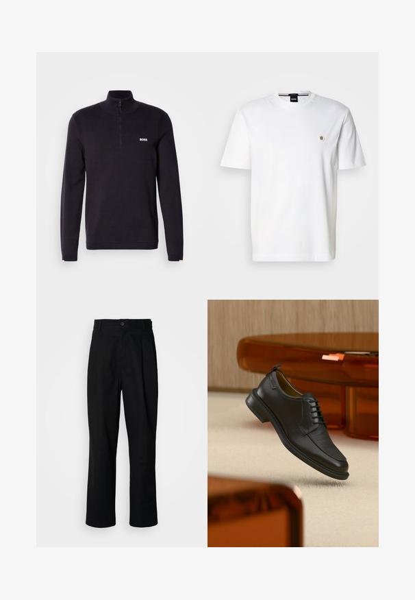 Marineblå quarter-zip sweater fremstillet af blødt stof, med ribbet krave og manchetter, samt et lille hvidt "BOSS" logo på brystet.; Hvid bomulds-T-shirt med rund halsudskæring, korte ærmer og et lille logo på venstre bryst. Glat tekstur, klassisk pasform.; Sorte lige ben bukser med en knaplukket talje, bæltestropper og en frontfold, præsenteret mod en ensfarvet hvid baggrund.; Sort lædersko med snørebånd og tekstureret front, svævende over beige tæppe i et moderne rum med møbler i ravfarvet toning.