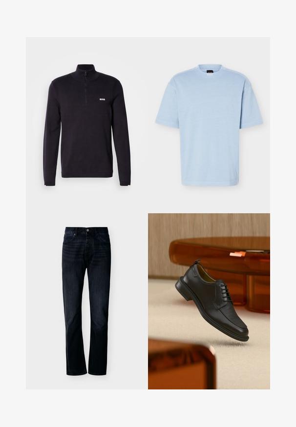 Pull-over à col zippé bleu marine fabriqué en tissu doux, doté d'un col et de poignets côtelés, avec un petit logo blanc "BOSS" sur la poitrine.; T-shirt à manches courtes bleu clair avec col rond, tissu doux et coupe décontractée, présentant une petite étiquette de marque noire et orange à l'intérieur du col.; Jean droit couleur indigo foncé avec fermeture avant à boutons et zip, passants pour ceinture et design à cinq poches, présenté sur un fond clair uni.; Chaussure habillée noire en cuir à lacets avec devant texturé, flottant au-dessus d'un tapis beige dans une pièce moderne avec des meubles teintés d'ambre.