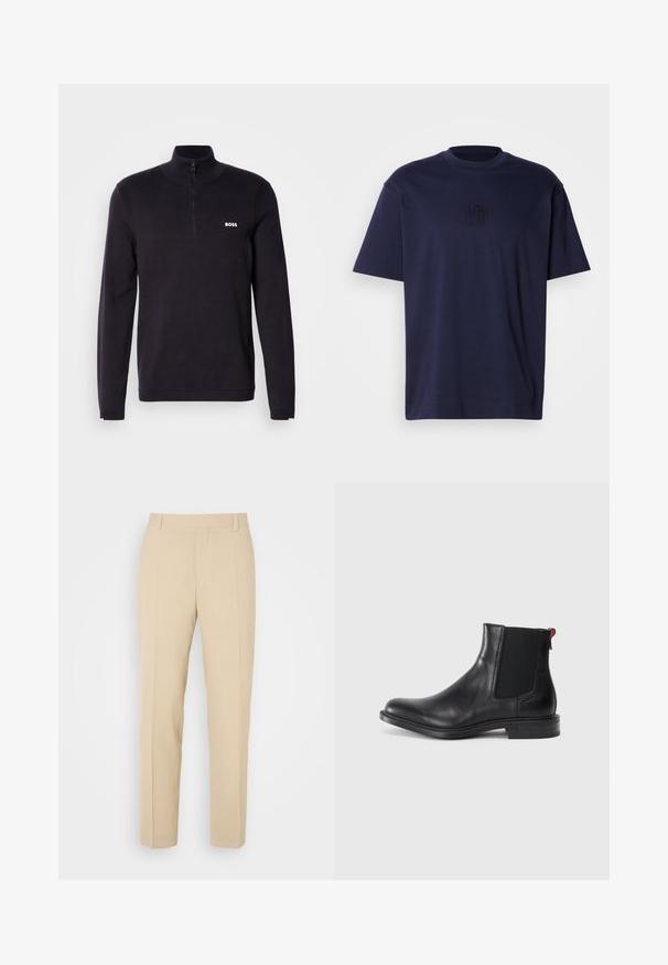 Pull-over à col zippé bleu marine fabriqué en tissu doux, doté d'un col et de poignets côtelés, avec un petit logo blanc "BOSS" sur la poitrine.; T-shirt à manches courtes bleu marine en coton. Présente un col rond et un logo en relief sur la poitrine. Texture lisse, coupe décontractée.; Pantalons beige ajustés avec une coupe droite, fabriqués en tissu léger, dotés de deux poches avant et de plis bien repassés.; Bottine Chelsea en cuir noir avec des panneaux élastiques sur les côtés, bout rond et petit talon empilé. Équipée d'une languette rouge et d'un logo subtil sur le côté.