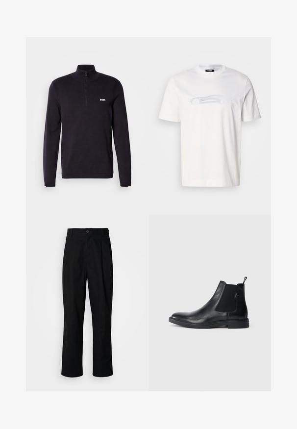 Marineblå quarter-zip sweater fremstillet af blødt stof, med ribbet krave og manchetter, samt et lille hvidt "BOSS" logo på brystet.; Hvidt bomulds-t-shirt med et diskret, lyseblåt bilmotiv på forsiden. Klassisk rund hals og korte ærmer. Glat tekstur.; Sorte lige ben bukser med en knaplukket talje, bæltestropper og en frontfold, præsenteret mod en ensfarvet hvid baggrund.; Sorte læder Chelsea støvler med elastiske sidepaneler, en pull-tab og en flad gummisål. Glat tekstur med minimal detaljer.