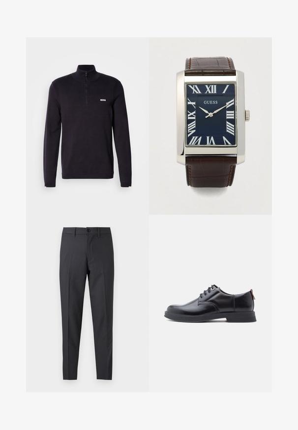 Marineblå quarter-zip sweater fremstillet af blødt stof, med ribbet krave og manchetter, samt et lille hvidt "BOSS" logo på brystet.; Mørkegrå skræddersyede bukser med forreste knap og bæltestropper, vist fladt mod en hvid baggrund.; Sorte snørestøvler i læder med glat tekstur, rundet tå og diskrete syningsdetaljer. Har en rød trækflig på hælen.; Firkantet sølvmetalur med en blå tekstureret urskive, romertal og en brun læderrem med krokodillemønster.