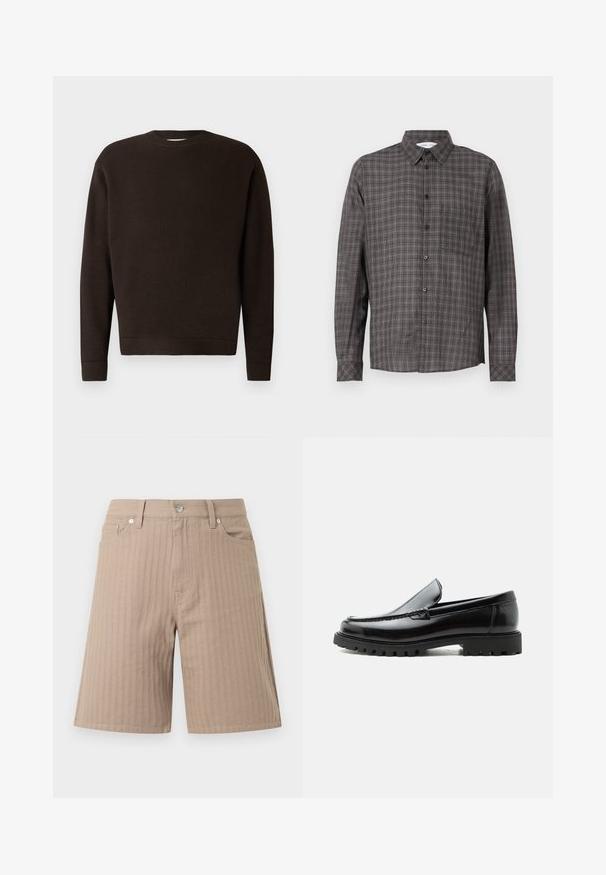 Mørkebrun crewneck sweater lavet af tekstureret stof. Har lange ærmer samt ribbede manchetter og kant. Minimalistisk design uden mønstre eller accenter.; Langærmet ternet skjorte i mørkegrå med lysere rute mønstre, knaplukning og en brystlomme. Fremstillet af letvægtsstof.; Beige shorts lavet af tekstureret stof med lodrette striber, en linning med knap foran og sidelommer.; Sort læderloafer med chunky gummisål, syet overdel og præget mærkenavn på hælen, vist i sideprofil på hvid baggrund.