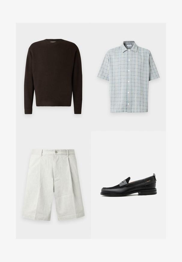 Suéter de cuello redondo marrón oscuro hecho de tejido texturizado. Presenta mangas largas y puños y dobladillo acanalados. Diseño minimalista sin patrones ni acentos.; Camisa de manga corta con estampado a cuadros en azul y blanco, cuello abierto y botones blancos en la parte delantera.; Shorts gris claro hechos de tela texturizada, con cierre de botón, pliegues y corte recto, adecuados para uso casual.; Mocasín de cuero negro con detalle de tira gris, tacón bajo y suela texturizada, con la marca "HUGO" en oro en el lateral.