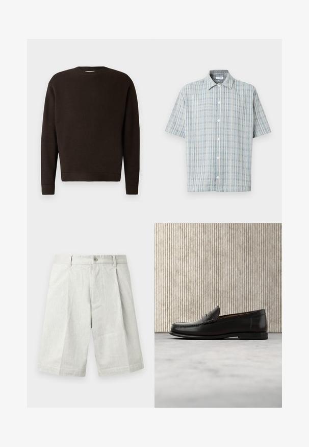 Suéter de cuello redondo marrón oscuro hecho de tejido texturizado. Presenta mangas largas y puños y dobladillo acanalados. Diseño minimalista sin patrones ni acentos.; Camisa de manga corta con estampado a cuadros en azul y blanco, cuello abierto y botones blancos en la parte delantera.; Shorts gris claro hechos de tela texturizada, con cierre de botón, pliegues y corte recto, adecuados para uso casual.; Mocasín penny de cuero negro con tacón bajo, punta redondeada y detalles cosidos en la parte delantera y los laterales, mostrado sobre un fondo neutro.