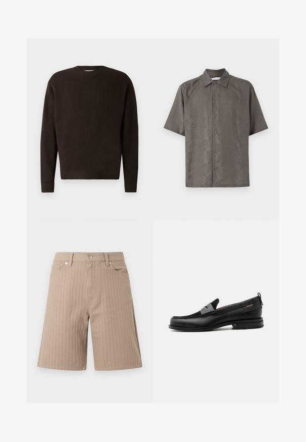 Suéter de cuello redondo marrón oscuro hecho de tejido texturizado. Presenta mangas largas y puños y dobladillo acanalados. Diseño minimalista sin patrones ni acentos.; Camisa de manga corta en color verde oliva, confeccionada en una tela texturizada que presenta un patrón de hojas en relieve, con cuello clásico y cierre frontal de botones.; Pantalones cortos beige hechos de tela texturizada con rayas verticales, una cinturilla con un botón frontal y bolsillos laterales.; Mocasín de cuero negro con detalle de tira gris, tacón bajo y suela texturizada, con la marca "HUGO" en oro en el lateral.