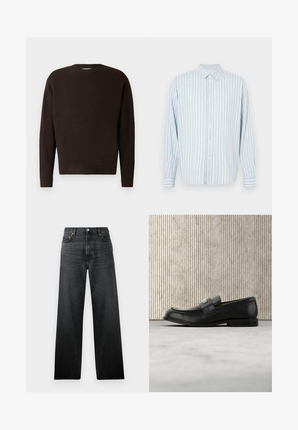 Dunkelbrauner Rundhals-Pullover aus strukturiertem Stoff. Mit langen Ärmeln sowie gerippten Bündchen und Saum. Minimalistisches Design ohne Muster oder Akzente.; Hellblaues langärmeliges Hemd mit Knöpfen, schmalen vertikalen schwarzen und weißen Streifen und spitzem Kragen, auf weißem Hintergrund dargestellt.; Schwarze Jeans aus Denim mit geradem Bein, ausgestattet mit fünf Taschen und einem Knopfverschluss. Der Stoff hat einen leichten Glanz und eine sichtbare Textur.; Schwarzer Lederloafer mit einer Metallmarkenplatte, der nahe einem braunen runden Tisch auf beigem Teppichboden ruht.
