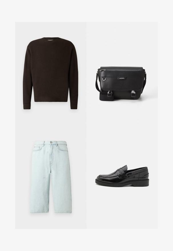 Mørkebrun crewneck sweater lavet af tekstureret stof. Har lange ærmer samt ribbede manchetter og kant. Minimalistisk design uden mønstre eller accenter.; Lyseblå denimshorts med lige ben, mellemhøj talje, forlommer og en enkelt baglomme, afsluttet med diskret syning.; Sorte læder loafers med en glat finish, rund tå, lav hæl og dekorativ syning langs forsiden. Gummisål for godt greb.; Sort tekstureret Lacoste messengertaske med justerbar rem, frontklap, lynlås lomme og metalspænder.