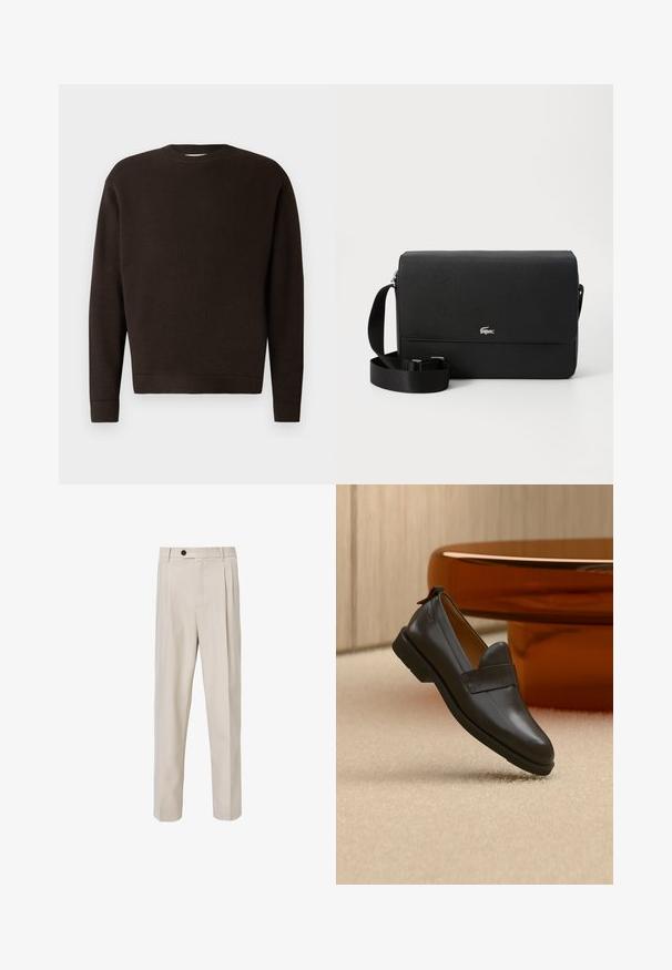 Dunkelbrauner Rundhals-Pullover aus strukturiertem Stoff. Mit langen Ärmeln sowie gerippten Bündchen und Saum. Minimalistisches Design ohne Muster oder Akzente.; Beige maßgeschneiderte Hose mit geradem Beinschnitt, vorderen Falten, Knopfverschluss und glatter Stoffstruktur.; Schwarzer Lederloafer mit niedrigem Absatz, der über einem beigen Teppich schwebt, neben einem glänzenden bernsteinfarbenen Tisch in einem minimalistischen Raum.; Schwarze Leder-Umhängetasche mit glatter Textur, einer Frontklappe, silbernem Logo-Akzent und einem verstellbaren Stoffriemen.