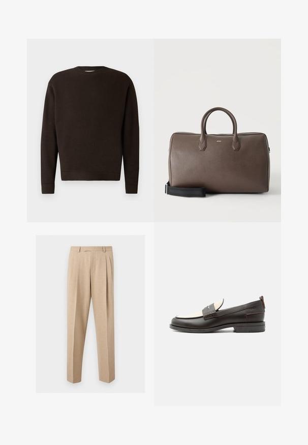 Suéter de cuello redondo marrón oscuro hecho de tejido texturizado. Presenta mangas largas y puños y dobladillo acanalados. Diseño minimalista sin patrones ni acentos.; Pantalones beige a medida con pinzas delanteras, trabillas para el cinturón y perneras rectas, mostrados sobre un fondo claro y liso.; Mocasín para hombre de cuero marrón oscuro con panel de tela crema y detalle clásico de correa cosida, suela plana y asa en el talón.; Bolsa de lona marrón de cuero con dos asas, una correa de hombro negra ajustable y un pequeño logo "BOSS" en el centro frontal.