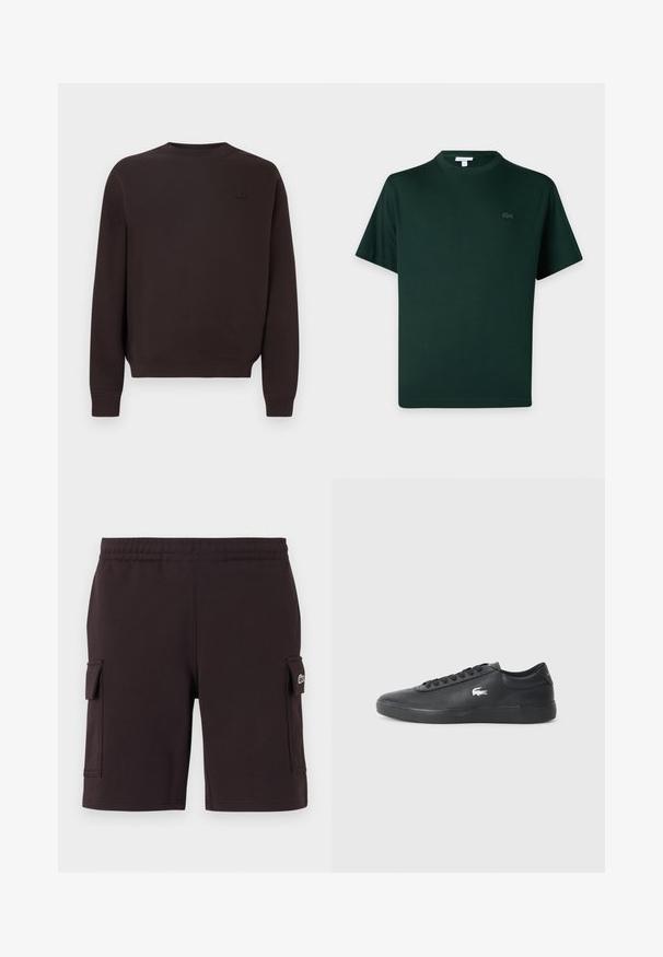 Sweat-shirt marron foncé en mélange de coton, avec un col rond, des poignets et une base côtelés, et un logo discret sur la poitrine.; T-shirt vert foncé à manches courtes avec col rond et petit logo brodé sur le côté gauche de la poitrine.; Shorts cargo noirs avec ceinture élastique et poches à rabat des deux côtés, avec un petit logo sur le rabat de la poche droite.; Sneaker en cuir noir avec bout arrondi, semelle plate et logo blanc sur le côté. Présente des lacets noirs et une finition lisse et mate.