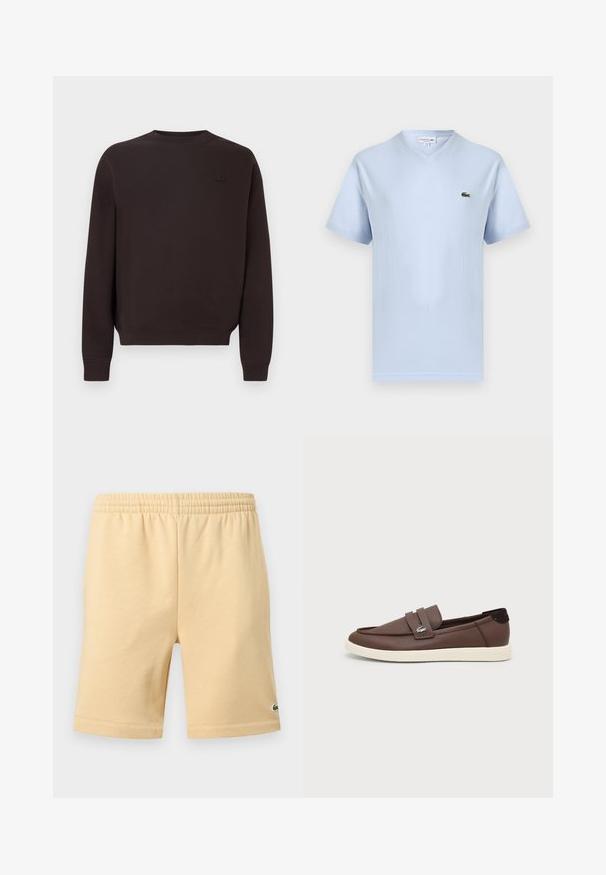 Sweat-shirt marron foncé en mélange de coton, avec un col rond, des poignets et une base côtelés, et un logo discret sur la poitrine.; T-shirt bleu clair à col en V et manches courtes avec petit logo crocodile vert Lacoste sur le côté gauche de la poitrine.; Shorts décontractés beige avec taille élastique et petit logo vert brodé en bas de la jambe droite.; Mocassin en cuir marron avec semelle en caoutchouc blanche, design slip-on et petit logo crocodile métallique sur la lanière latérale.
