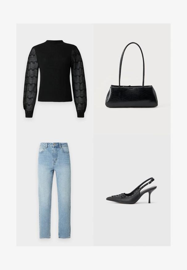 Suéter negro con textura acanalada y un cuello alto, con mangas de encaje transparente con estampado y puños ajustados.; Vaqueros de mezclilla azul claro con diseño de pierna recta, estilo de cinco bolsillos, cierre con botón metálico y detalle sutil de desgastado en la parte delantera.; Sandal de tacón stiletto negro de cuero con punta afilada, correa lateral con hebilla, tachuelas a lo largo del borde y cordones decorativos en la parte delantera.; Bolso de hombro rectangular negro con correas largas y delgadas y una textura lisa y brillante sobre un fondo liso.