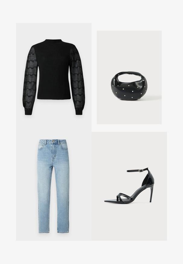 Suéter negro con textura acanalada y un cuello alto, con mangas de encaje transparente con estampado y puños ajustados.; Vaqueros de mezclilla azul claro con diseño de pierna recta, estilo de cinco bolsillos, cierre con botón metálico y detalle sutil de desgastado en la parte delantera.; Sandalia de tacón alto de charol negro con una fina correa en el tobillo, punta abierta y diseño minimalista sobre un fondo claro y liso.; Bolso de mano de cuero negro con forma redondeada, decorado con detalles de tachuelas plateadas y un asa corta. Textura lisa y cierre con cremallera.