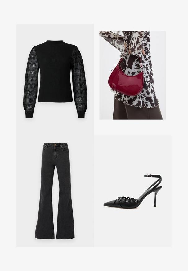 Suéter negro con textura acanalada y un cuello alto, con mangas de encaje transparente con estampado y puños ajustados.; Jeans acampanados negros hechos de denim, con cintura alta, bolsillos frontales y costuras visibles. Textura suave con un ligero brillo.; Zapato de tacón alto negro con punta fina, bordes ondulados, ojales metálicos, cordones delanteros y una correa en el tobillo con cierre de hebilla.; Mujer con blusa de estampado en blanco y negro sosteniendo un bolso de hombro rojo brillante sobre un fondo liso.