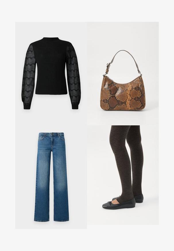 Zwarte trui met een geribbelde textuur en een hoge halslijn, voorzien van transparante, geprinte kanten mouwen en aansluitende manchetten.; Wijde blauwe jeans met een vervaagd effect, vijf zakken en een knoopsluiting. Gemaakt van denim met een gladde, stevige textuur.; Benen met donkere geribbelde leggings gecombineerd met zwarte ballerina's met kleine strikdetails op een witte achtergrond.; Kleine handtas met een bruin en zwart slangenprintpatroon, korte verstelbare schouderriem en ritssluiting.
