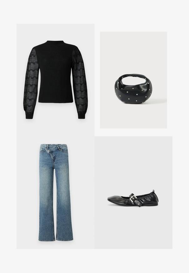 Sort sweater med ribbelt tekstur og høj halsudskæring, med gennemsigtige mønstrede laceærmer og tætsiddende manchetter.; Lyseblå denim jeans med vide ben og høj talje, let falmet effekt og knaplukning foran. Har fem lommer og minimal syning.; Sorte læder flade sko med spids tå, samling detaljer omkring åbningen, og en sølv spænde accent på den justerbare rem.; Sort læderhåndtaske med en rundet form, dekoreret med sølvnitter, og et kort håndtag. Glat tekstur og lynlåslukning.