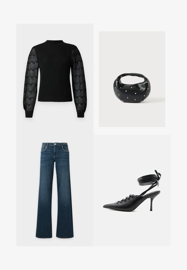 Zwarte trui met een geribbelde textuur en een hoge halslijn, voorzien van transparante, geprinte kanten mouwen en aansluitende manchetten.; Donkerblauwe flared jeans met zilveren studs langs de voorzakken, knoopsluiting en riemlussen, plat neergelegd op een witte achtergrond.; Zwarte pumps met spitse neus en hoge hak, met veters aan de voorkant en riempjes die rond de enkel wikkelen en zijn gestrikt in een strik, gezien vanaf de zijkant tegen een witte achtergrond.; Zwarte leren handtas met een afgeronde vorm, versierd met zilveren studs, en een korte handgreep. Gladde textuur en ritsluiting.