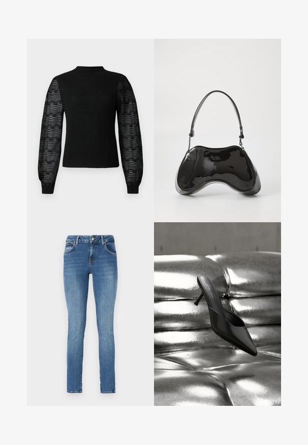 Suéter negro con textura acanalada y un cuello alto, con mangas de encaje transparente con estampado y puños ajustados.; Jeans ajustados de denim azul con acabado desgastado, que cuentan con cinco bolsillos, trabillas para el cinturón y un cierre de cremallera con botón.; Mula negra con punta puntiaguda y tacón delgado, colocada sobre una superficie brillante, metálica y capitoné plateada.; Bolso de mano de piel sintética negra con un diseño curvado único, asas cortas y ajustables, y abertura con cremallera en la parte superior. Textura suave con una sutil marca.
